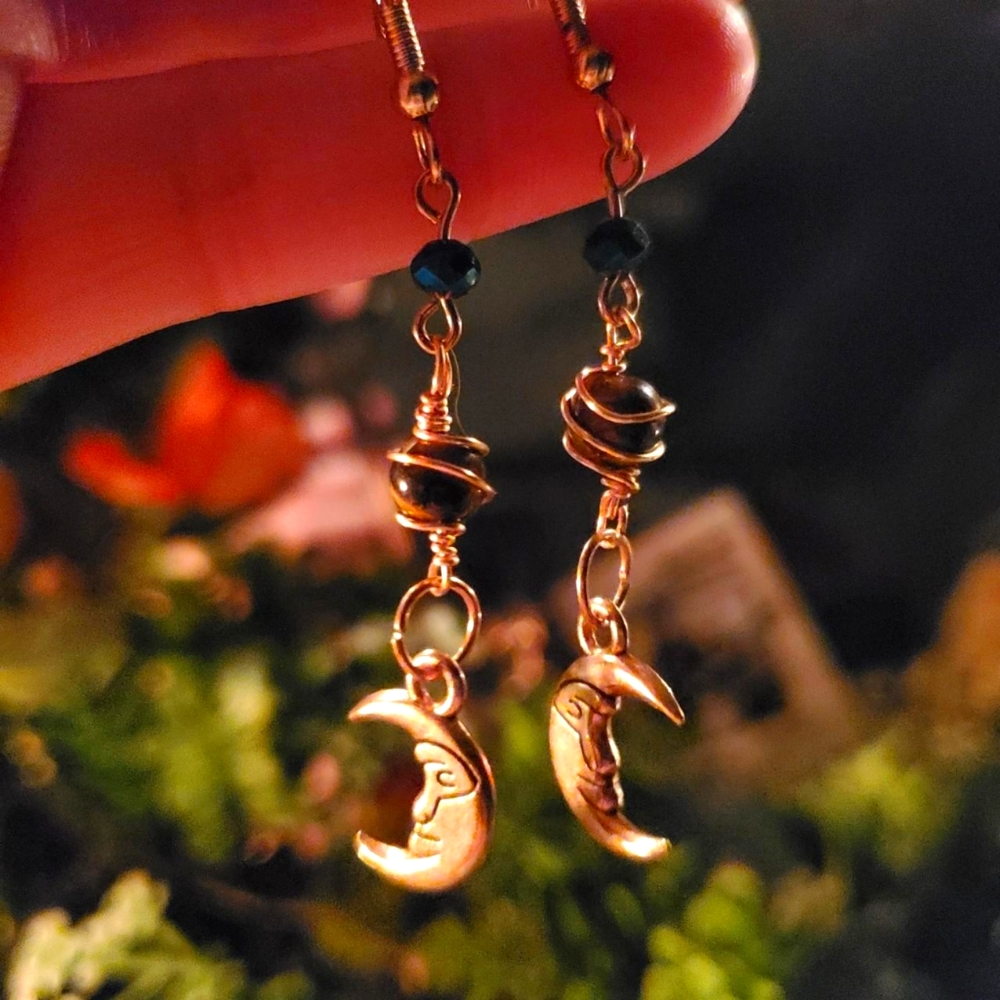 Tigers Eye & Peacock bead Moon Earrings - Handmade
